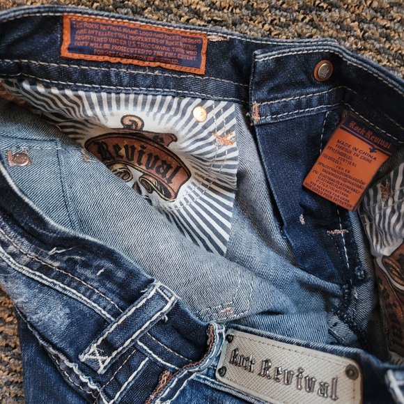 Rock Revival Fay Easy Boot Distressed Jeans Size 27 Rhinestone Pocket Bling - Picture 12 of 13